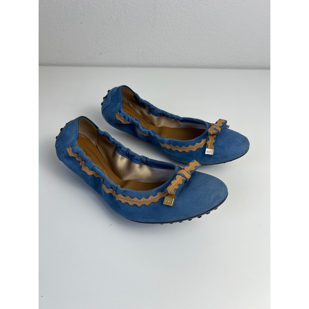 TOD'S Blue Suede Ballet Flats Bow Gommino Driving Shoes Italy EU 36.5 US 6 - Picture 2 of 9